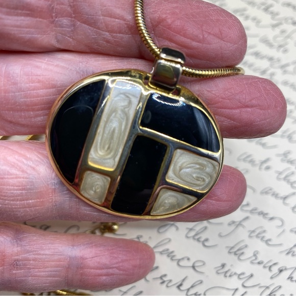 Gold Tone & Black Enamel Pendant Necklace - Picture 8 of 8